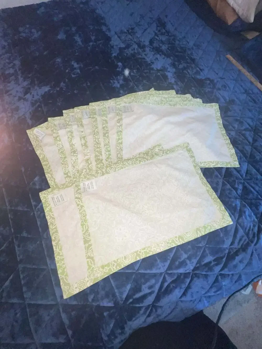Pottery Barn Green and White Floral Block Print Cotton Placemats - Set of 8